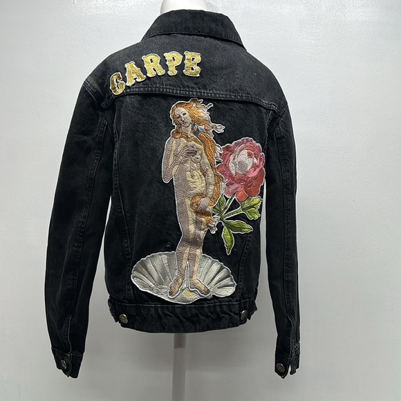 Denim and Bone Denim Jacket Button Carpe Venus Floral Embroidered Black Size XS - Picture 1 of 9